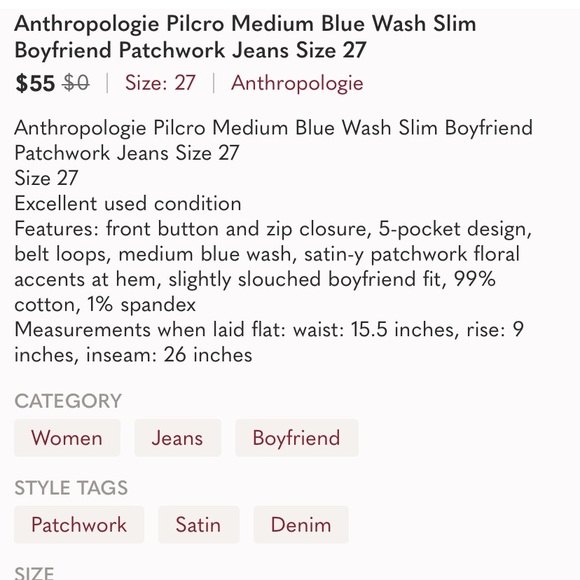 Anthropologie Pilcro Medium Blue Wash Slim Boyfriend Patchwork Jeans Size 27 - Picture 12 of 12